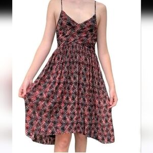 FREE PEOPLE RUCHED HI LOW MIDI MESH BLACK FLORAL DRESS SZ SM